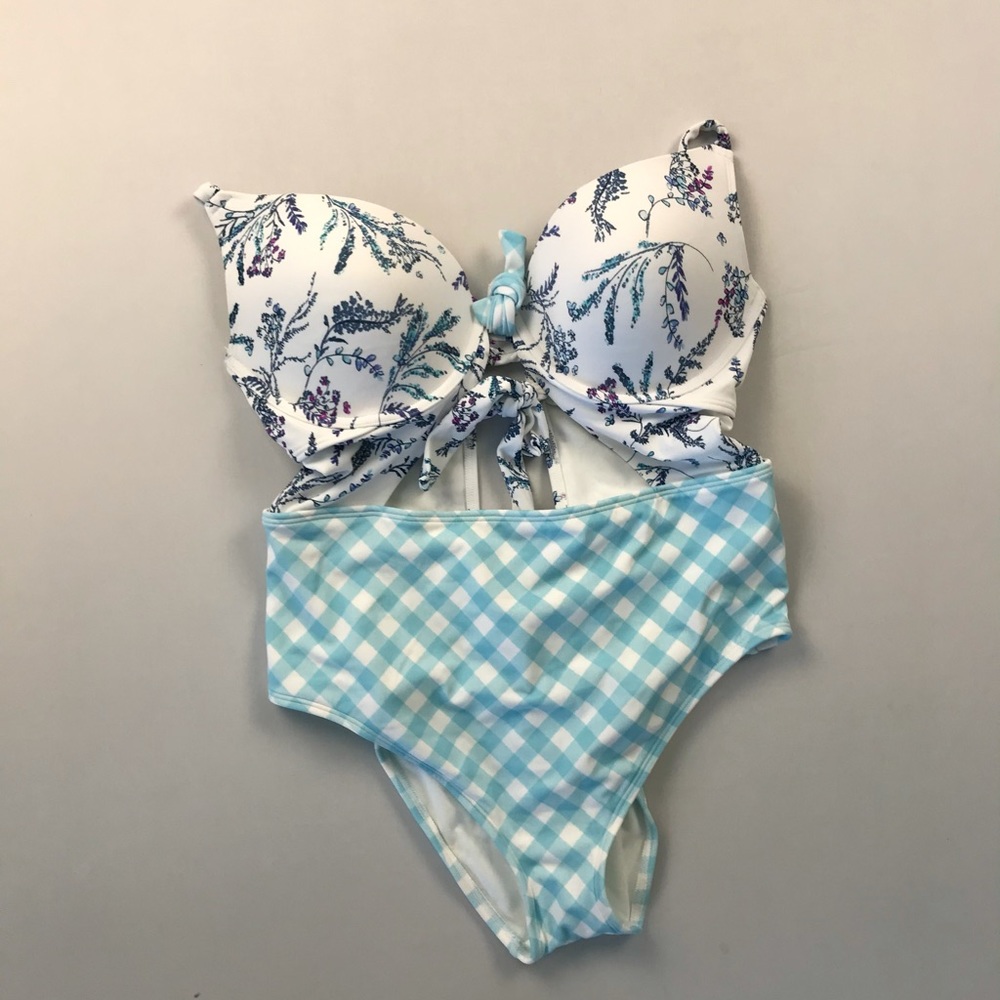 Adore Me Floral and Gingham Swimsuit - Blue and White